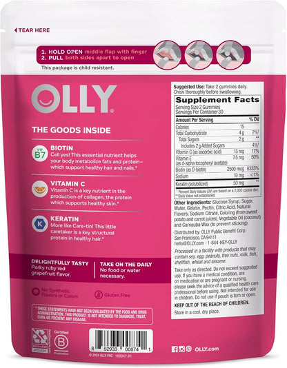 OLLY Undeniable Beauty Gummy – Biotin, Vitamin C & Keratin for Hair, Skin & Nails, Grapefruit, 60 Gummies