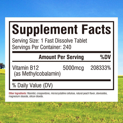 Innate Vitality Vitamin B12 5000mcg, Sublingual, Vegan Methylcobalamin, Fast Dissolve Tablets, Natural Peach Flavour, 240 Tablets