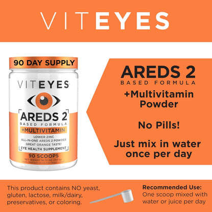 Viteyes AREDS 2 Powder + Multivitamin All-in-One, Macular Protection, Natural Orange Flavour, 90 Scoops