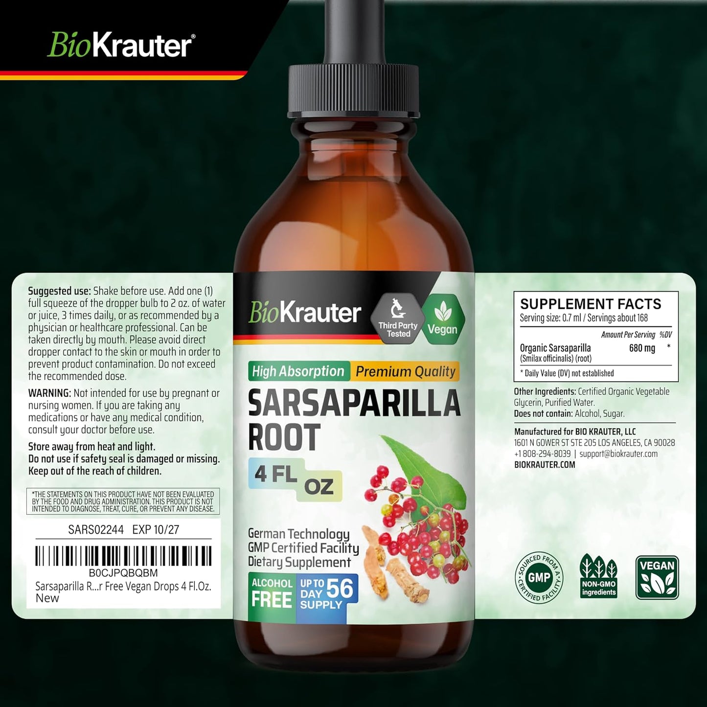 BIO KRAUTER® Sarsaparilla Root Extract 118 ml - Natural Liquid Supplement for Liver Support & Detox, Alcohol & Sugar Free, 56-Day Supply - görsel 9