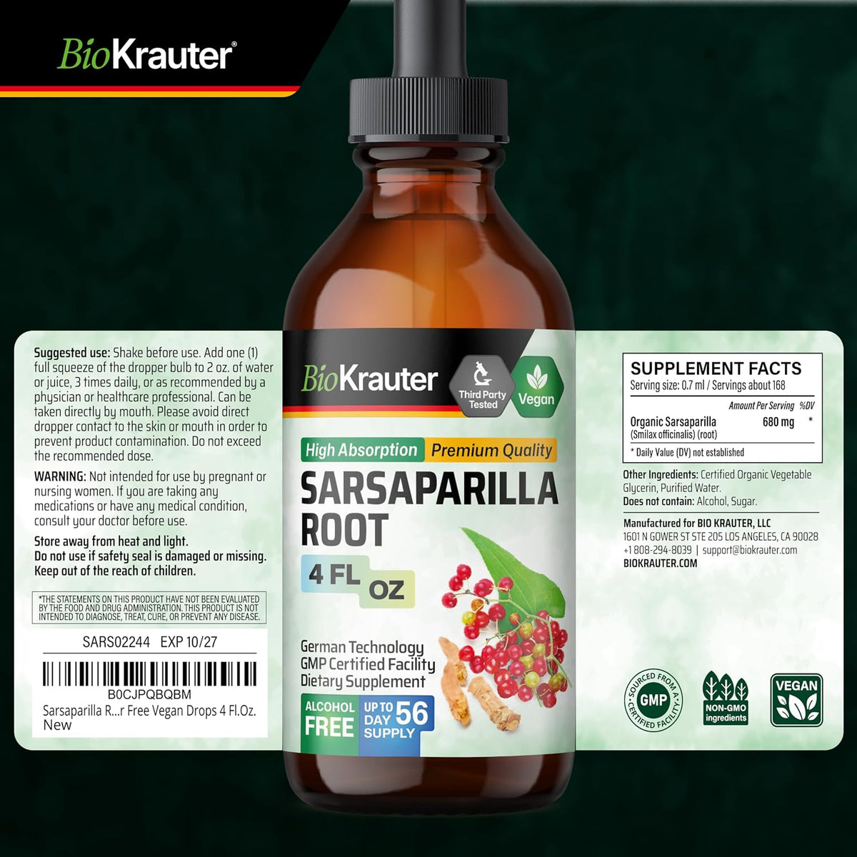 BIO KRAUTER® Sarsaparilla Root Extract 118 ml - Natural Liquid Supplement for Liver Support & Detox, Alcohol & Sugar Free, 56-Day Supply - görsel 9