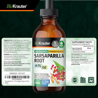 BIO KRAUTER® Sarsaparilla Root Extract 118 ml - Natural Liquid Supplement for Liver Support & Detox, Alcohol & Sugar Free, 56-Day Supply