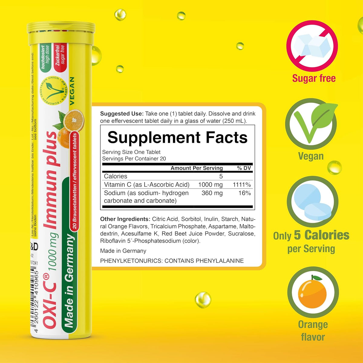 T&D Oxi C 1000 mg Vitamin C - 40 Vegan Drink Effervescent Tablets - Orange Flavour - Made in Germany - görsel 3