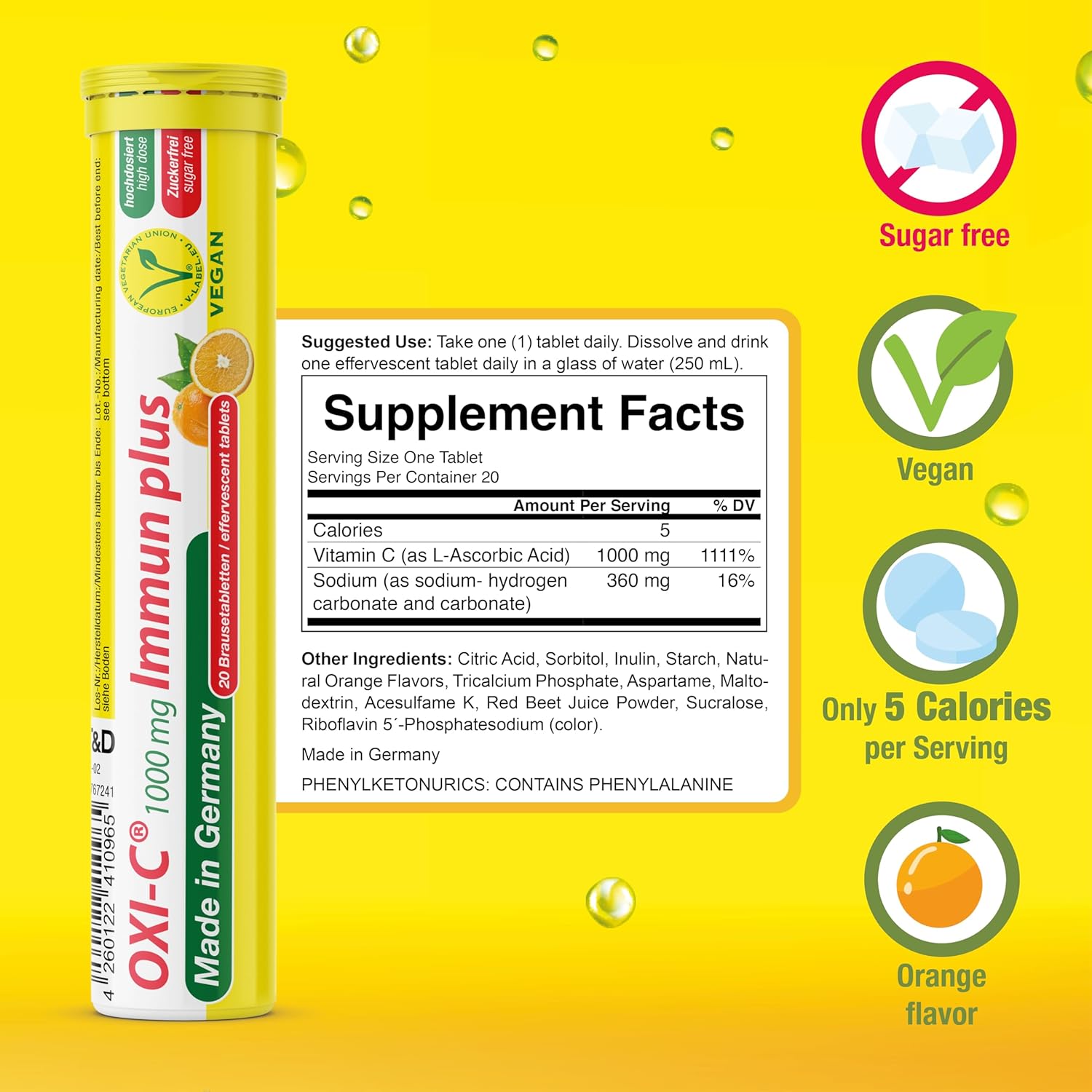 T&D Oxi C 1000 mg Vitamin C - 40 Vegan Drink Effervescent Tablets - Orange Flavour - Made in Germany - görsel 3