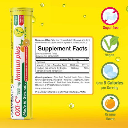 T&D Oxi C 1000 mg Vitamin C - 40 Vegan Drink Effervescent Tablets - Orange Flavour - Made in Germany