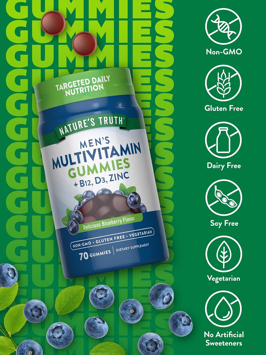 Nature's Truth Multivitamin for Men Gummies – 70 Gummies – Blueberry Flavour – with B12, D3 & Zinc – Vegetarian, Non-GMO & Gluten-free - görsel 3