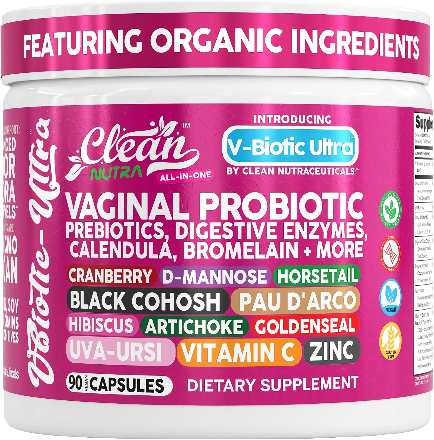 Clean Nutra Vaginal Probiotics for Women with Prebiotics, Digestive Enzymes and Cranberry - 90 Vegan Capsules - görsel 1