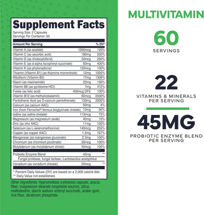 Type Zero Multivitamin Capsules (120 Capsules) (1300 mg) - with Probiotics + 22 Vitamins and Minerals, GM-Free
