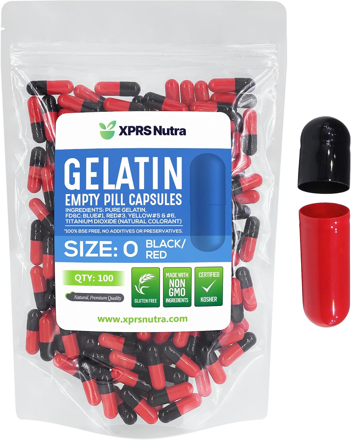 XPRS Nutra Size 0 Empty Capsules - 100 Count Empty Gelatine Capsules - DIY Capsule Filling - Pure Bovine Gel Caps for Homemade Supplements (Black/Red) - görsel 1