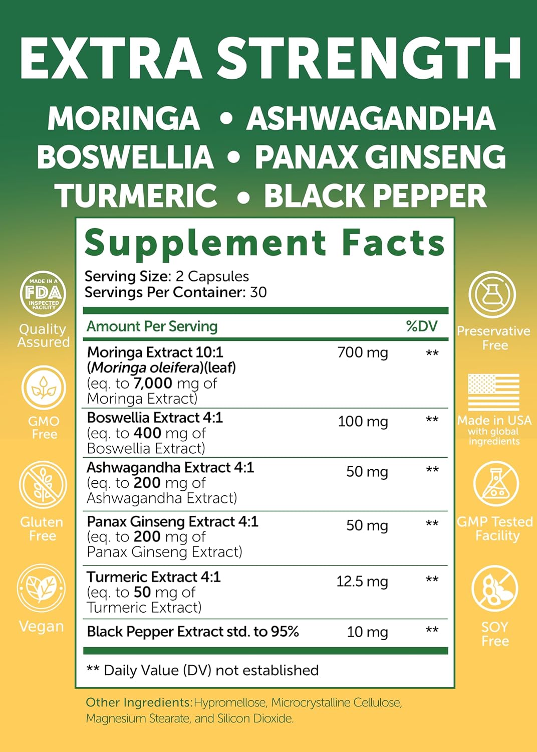 Lunakai USA-made Pure Moringa Capsules – Advanced Moringa Leaf Extract Supplement with Ashwagandha, Boswellia, Ginseng & Turmeric, 60ct - görsel 5