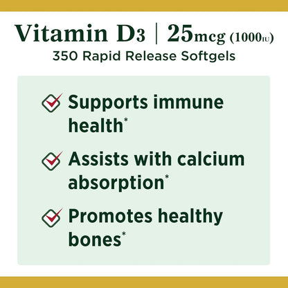 Nature's Bounty Vitamin D3 1000 IU Softgels, 350 Count