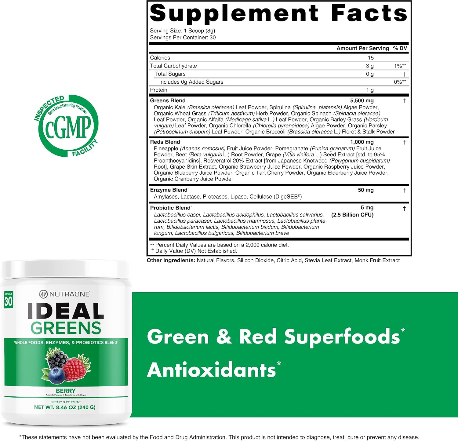 NutraOne Ideal Greens Antioxidant & Nutrient-Rich Superfood Greens Powder, Berry, 30 Servings - görsel 5