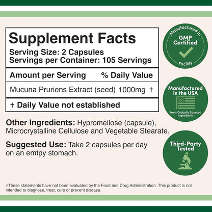 Double Wood Mucuna Pruriens Extract – 210 Capsules (1000mg, 20% L-Dopa)