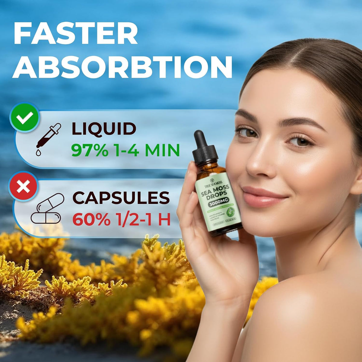 TrueSeaMoss Irish Sea Moss Liquid Drops – Black Cumin Seed Oil, Bladderwrack Extract, Burdock Root, Vitamin C & Zinc – Apple Flavour – 30 Servings - görsel 3