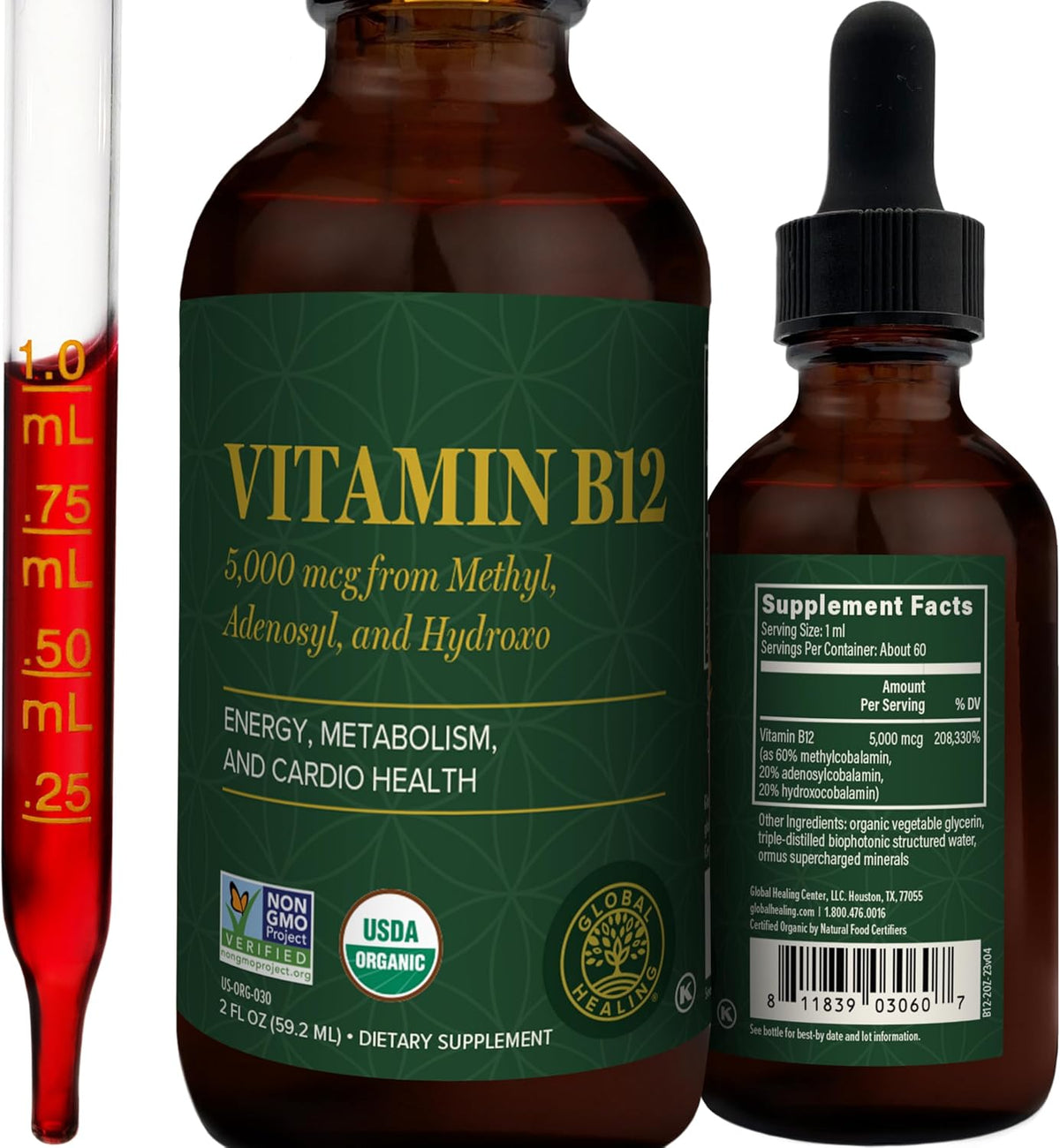 Global Healing - Organic Vitamin B12 5000 mcg Sublingual Liquid - Methylcobalamin, Hydroxocobalamin Blend - Methylated Drops - Vegan, Non-GMO (59 ml) - görsel 1