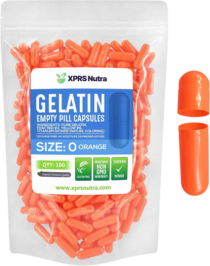 XPRS Nutra Size 0 Empty Capsules – 100 Count Empty Gelatine Capsules for DIY Supplement Filling (Orange)