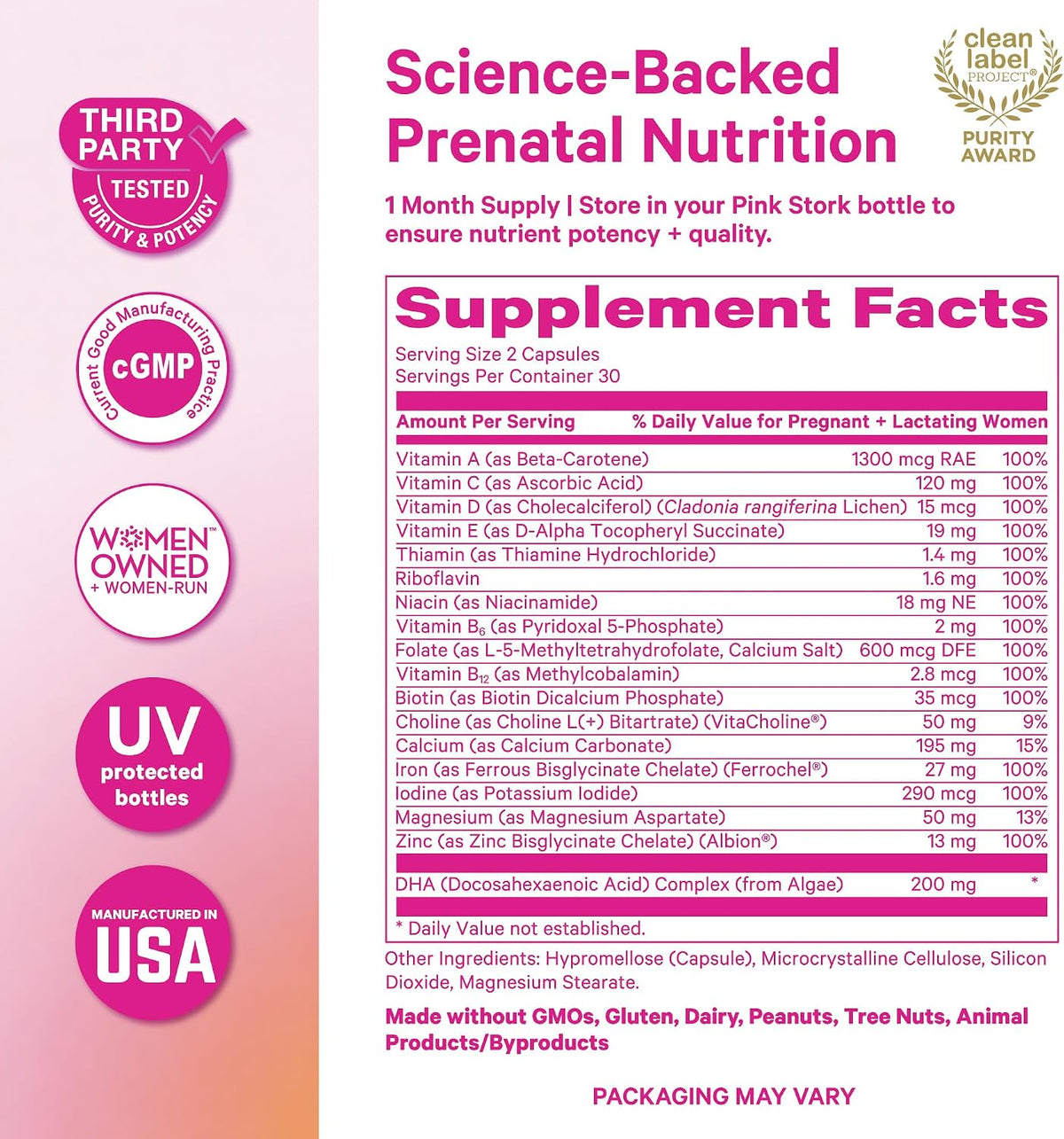 Pink Stork Total Prenatal Vitamins - 60 Capsules, Mint - Vegan DHA, Methylfolate, Iron, Choline - görsel 6