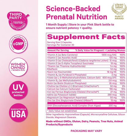 Pink Stork Total Prenatal Vitamins - 60 Capsules, Mint - Vegan DHA, Methylfolate, Iron, Choline