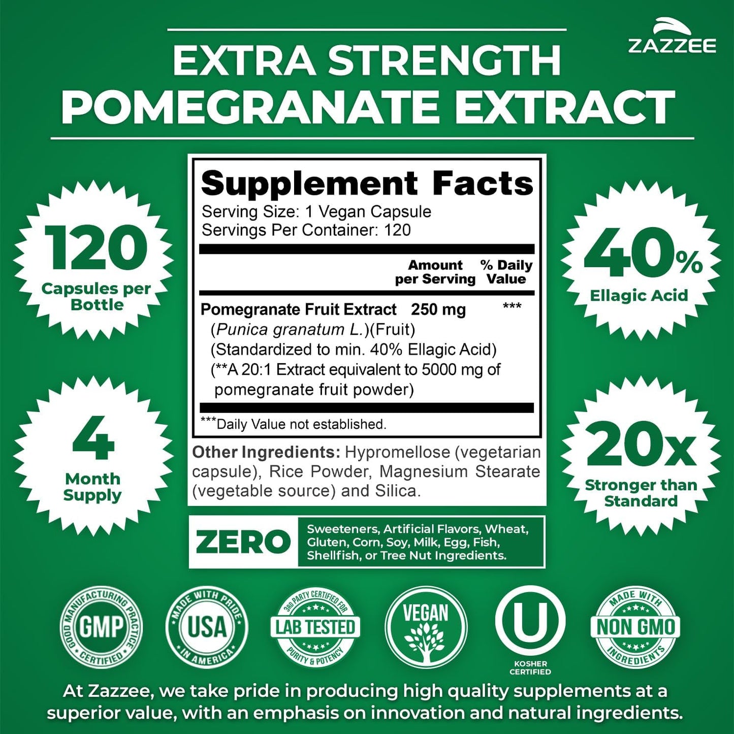 Zazzee Extra Strength Pomegranate 20:1 Extract, 40% Ellagic Acid, 120 Vegan Capsules - görsel 2