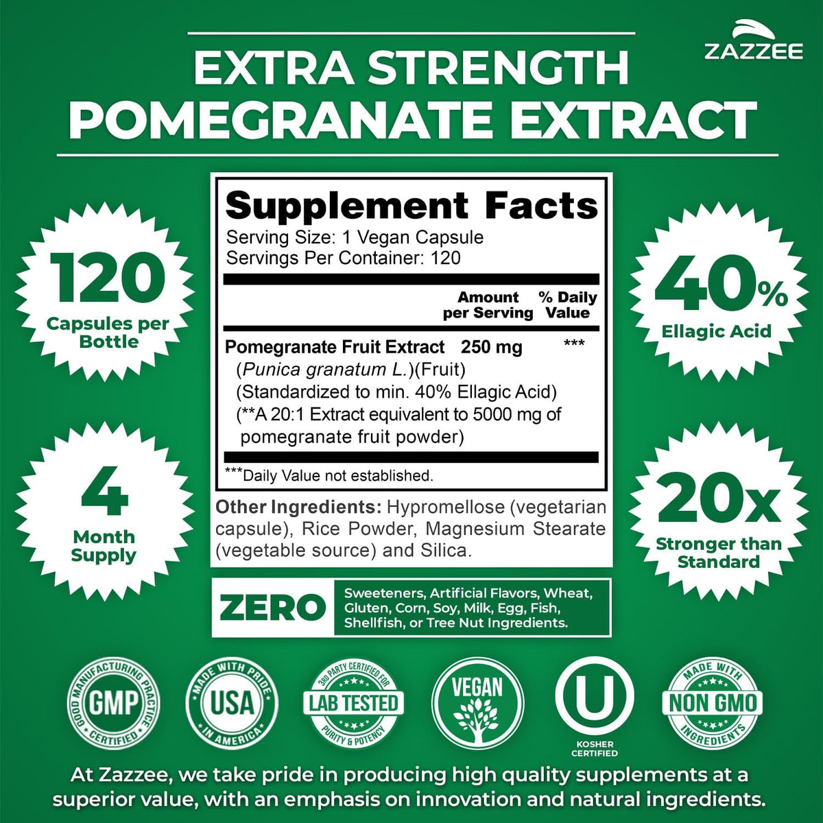 Zazzee Extra Strength Pomegranate 20:1 Extract, 40% Ellagic Acid, 120 Vegan Capsules - görsel 2