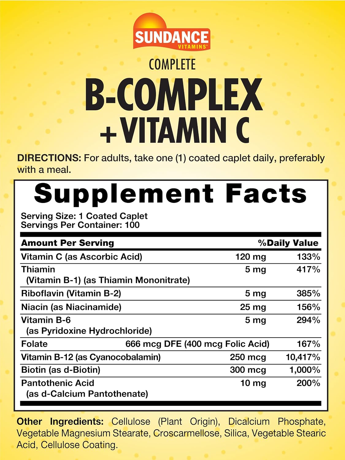 Sundance Complete B-Complex with Vitamin C | 100 Caplets | Essential Vitamin Formula | Vegetarian, Non-GM, and Gluten-free - görsel 2