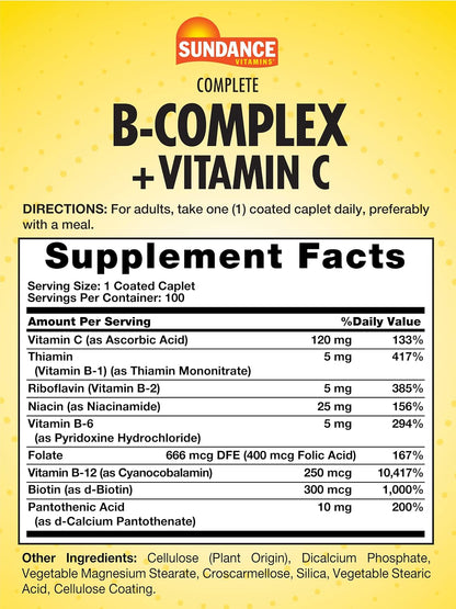 Sundance Complete B-Complex with Vitamin C | 100 Caplets | Essential Vitamin Formula | Vegetarian, Non-GM, and Gluten-free