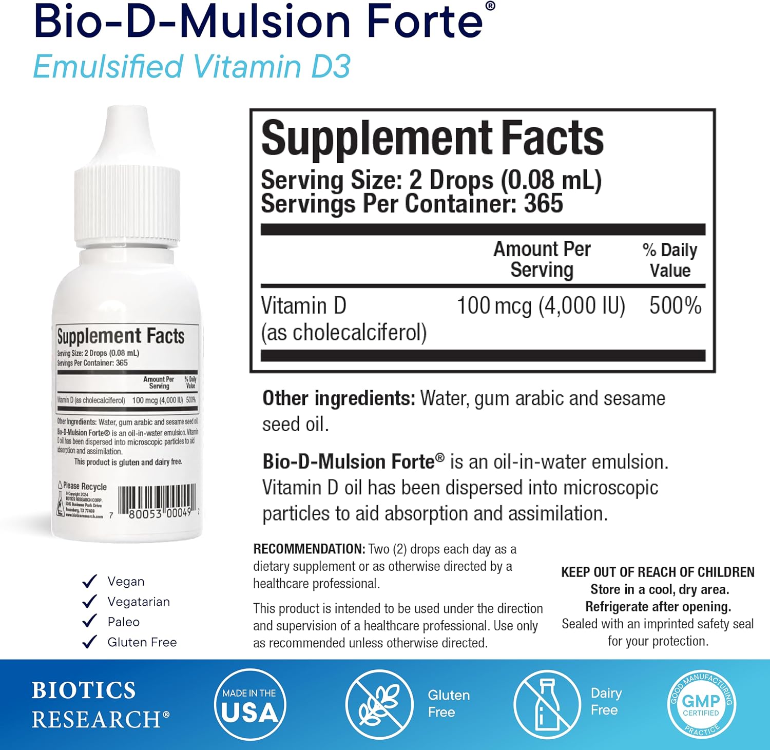 BIOTICS RESEARCH Bio-D-Mulsion Forte Liquid Vitamin D Drops 4000 IU, Vitamin D3 2000 IU per Drop, 1 fl oz - görsel 2