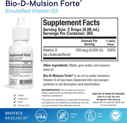 BIOTICS RESEARCH Bio-D-Mulsion Forte Liquid Vitamin D Drops 4000 IU, Vitamin D3 2000 IU per Drop, 1 fl oz