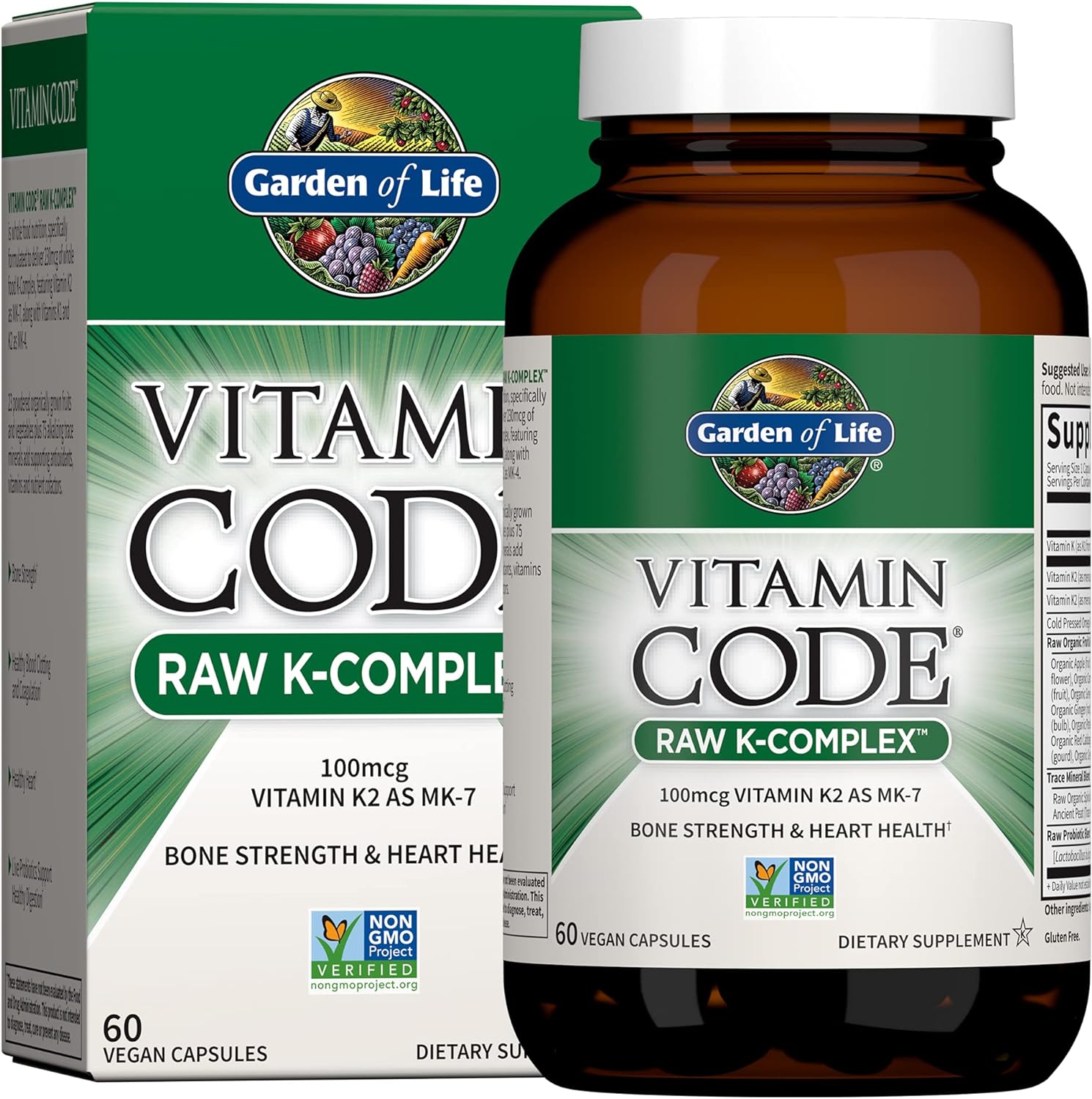 Garden of Life Raw Vitamin Code K Complex - Vitamin K1 & K2 Supplement with Probiotics, 60 Vegan Capsules - görsel 1