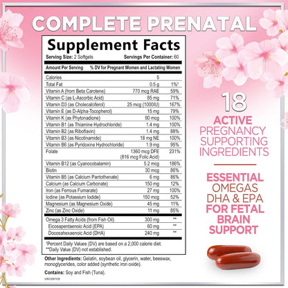 Prenatal Vitamins for Women with Folic Acid + Omega 3 DHA for Foetal Development Support – Daily Pregnancy Multivitamin – – Image 2