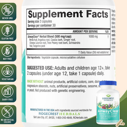 Ridgecrest Herbals AirwayClear - Lung Health & Respiratory Support Supplement (60 Vegan Capsules)