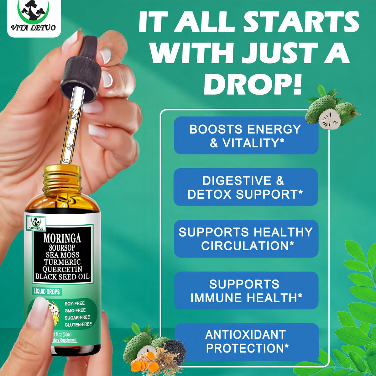Moringa Drops: Pure Moringa Oleifera Liquid Extract with Soursop, Sea Moss, Black Seed Oil, Quercetin & Turmeric - Superfood Blend for Energy and Immune Support (30 Servings) - görsel 2
