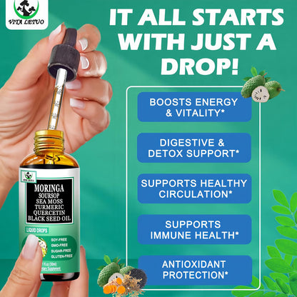Moringa Drops: Pure Moringa Oleifera Liquid Extract with Soursop, Sea Moss, Black Seed Oil, Quercetin & Turmeric - Superfood Blend for Energy and Immune Support (30 Servings)