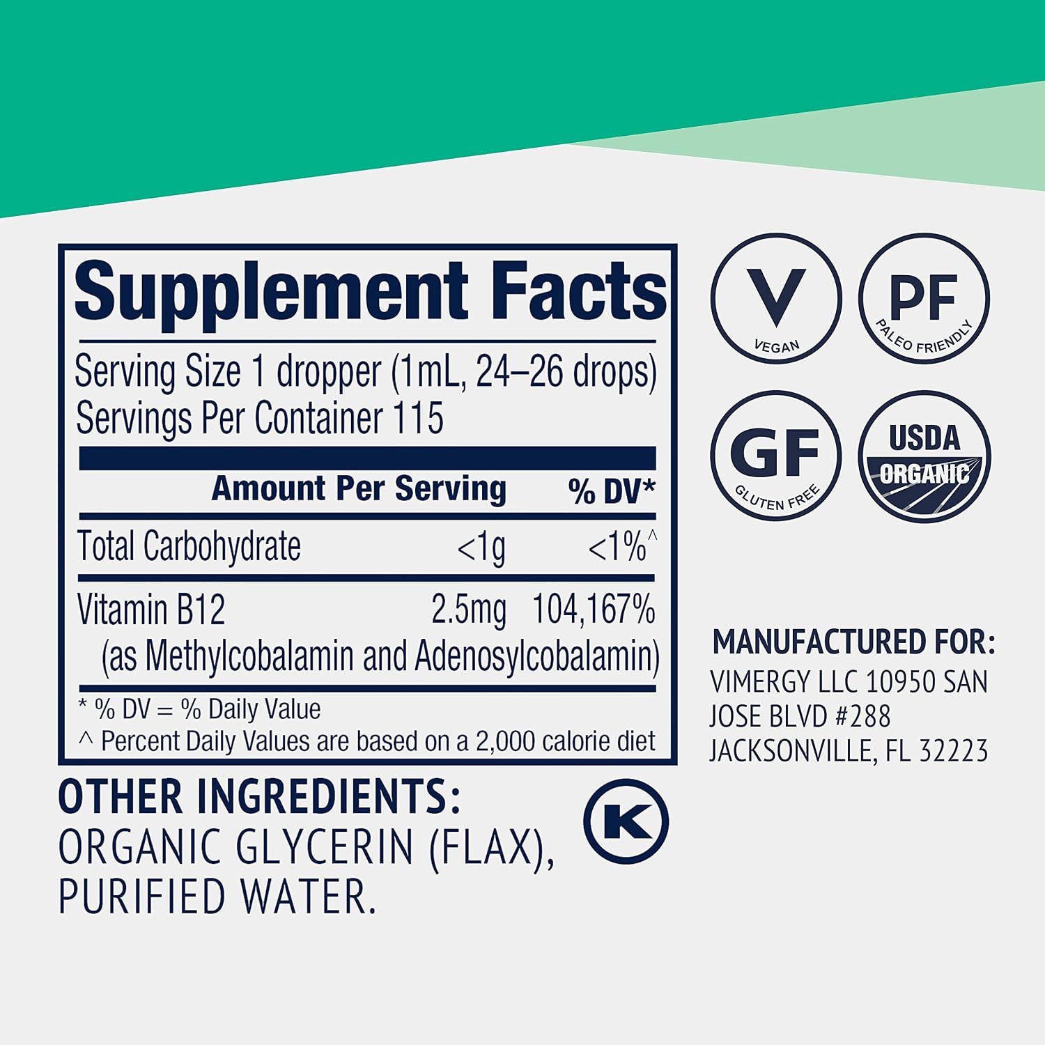 Vimergy USDA Organic Liquid Vitamin B12 – 2500 mcg, Methylcobalamin & Adenosylcobalamin - görsel 5