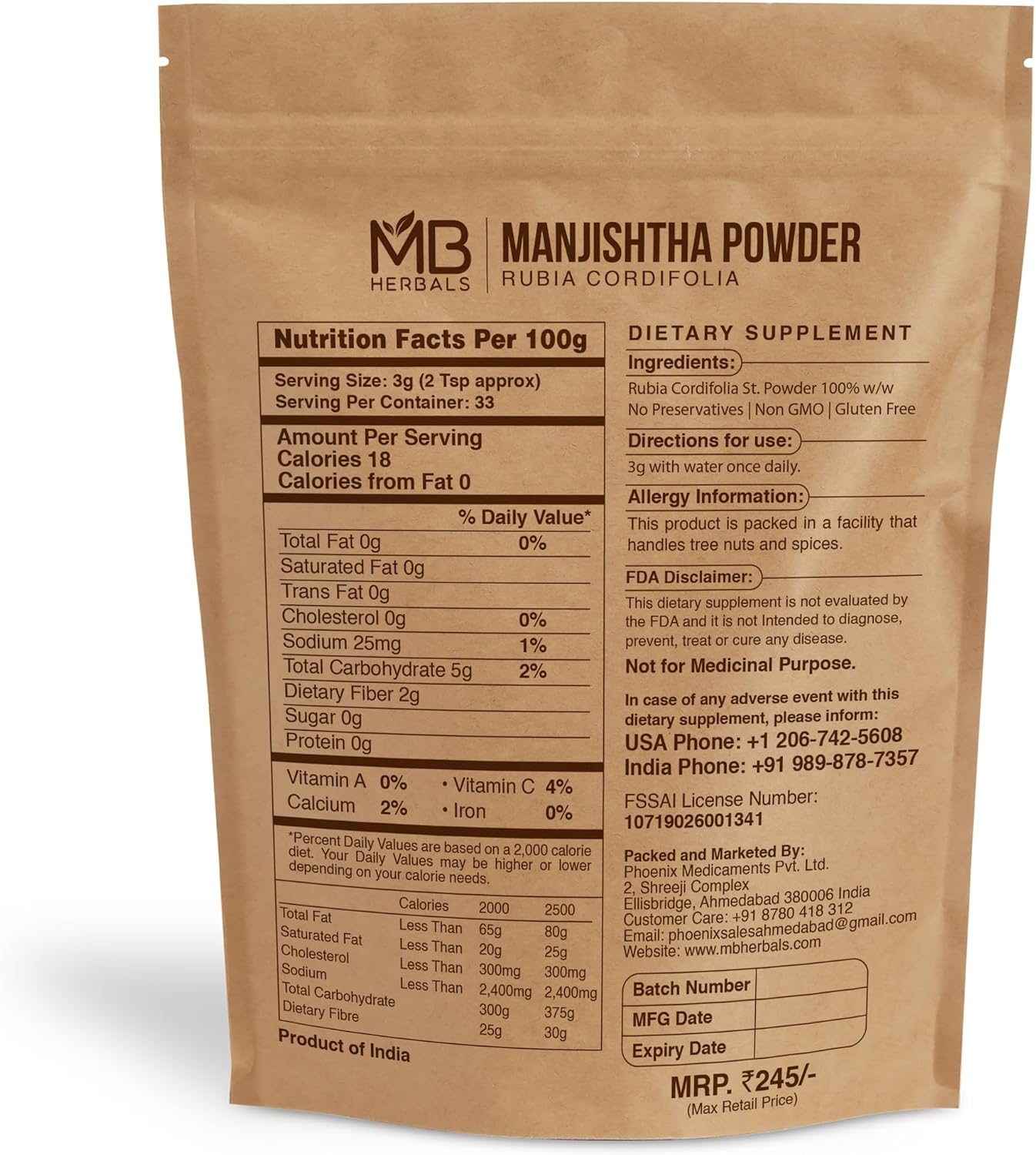 MB Herbals Manjishtha | Rubia cordifolia Root | Indian Madder | 100g Powder - görsel 2