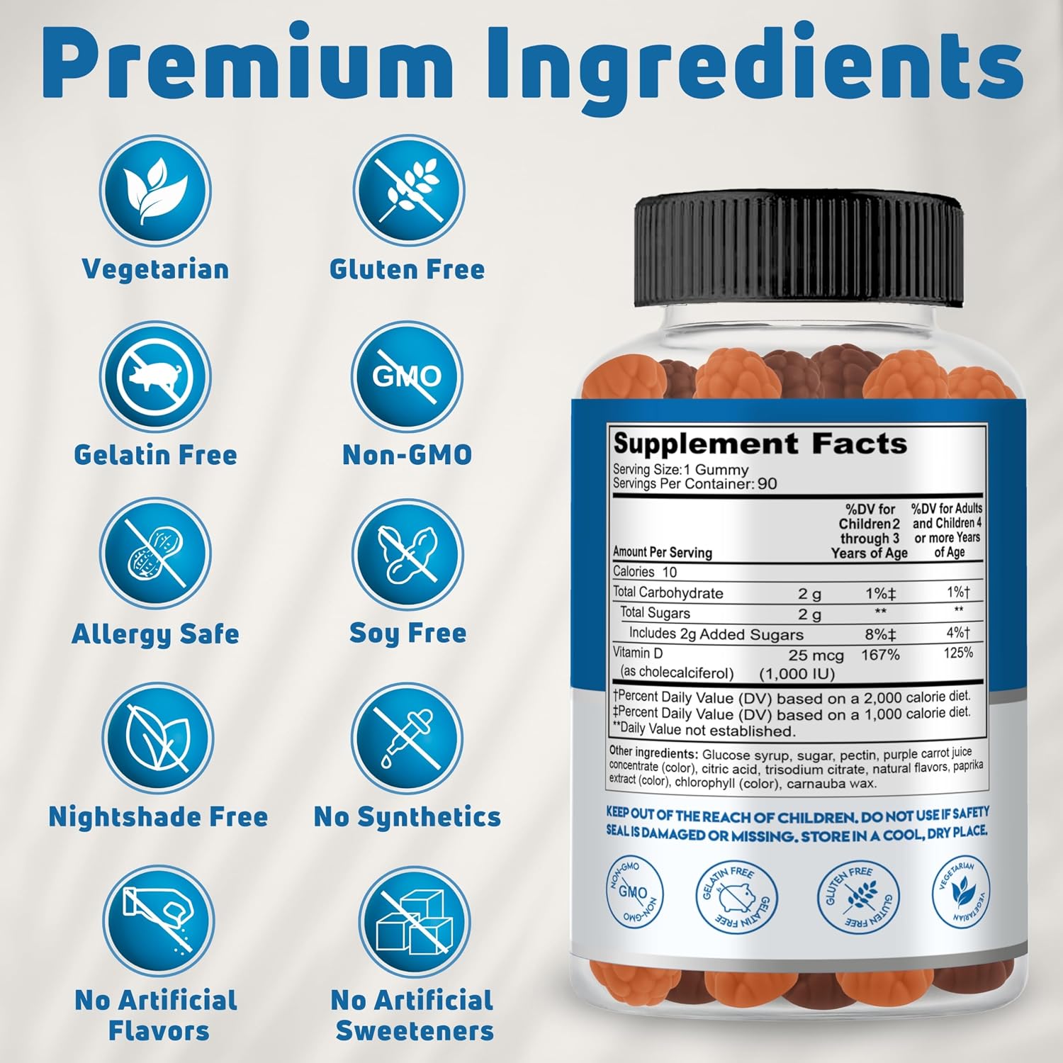 Vitamin D3 Gummies for Children 1000 IU - 90 Servings - Vegetarian Vitamin D for Kids, Toddlers & Teens - Contributes to Normal Bones, Teeth, Immune System & Muscle Function* - Gelatine Free, Gluten-free, Non-GM - görsel 5