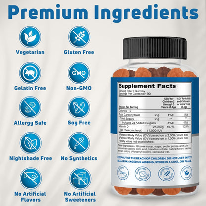 Vitamin D3 Gummies for Children 1000 IU - 90 Servings - Vegetarian Vitamin D for Kids, Toddlers & Teens - Contributes to Normal Bones, Teeth, Immune System & Muscle Function* - Gelatine Free, Gluten-free, Non-GM