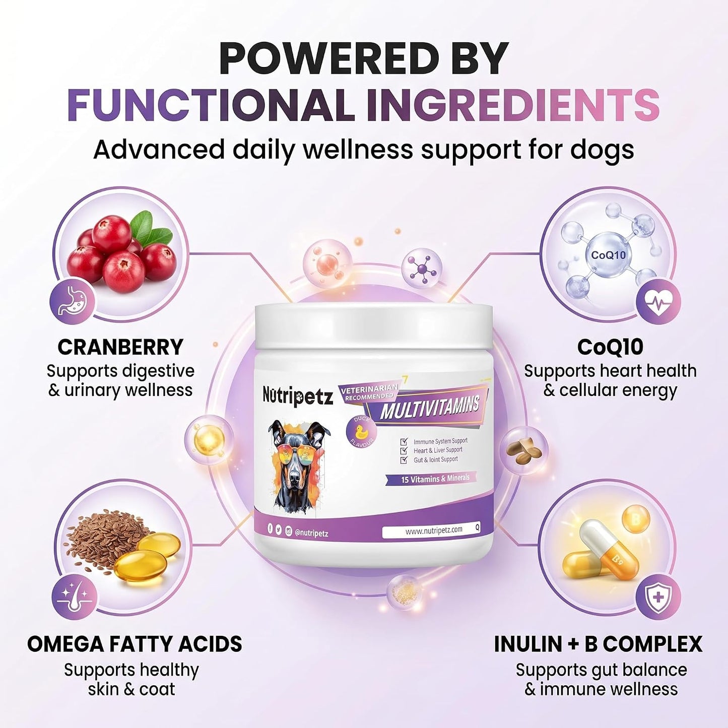 Nutripetz 15 Vitamins & Minerals Pet Supplement - 120 Soft Chews, Duck Flavour - All-in-One with Glucosamine & Probiotics for Dogs & Cats - görsel 4
