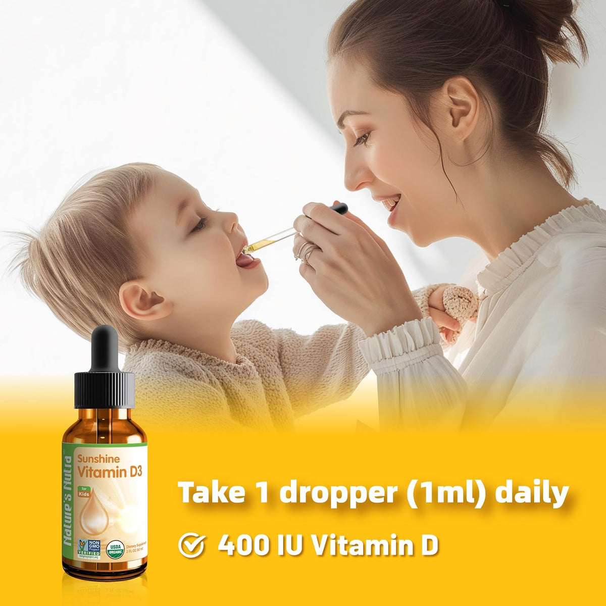 Nature's Nutra Sunshine Vitamin D3 400 IU Liquid Drops for Infants & Kids - Non-GMO, Plant Extract - görsel 4