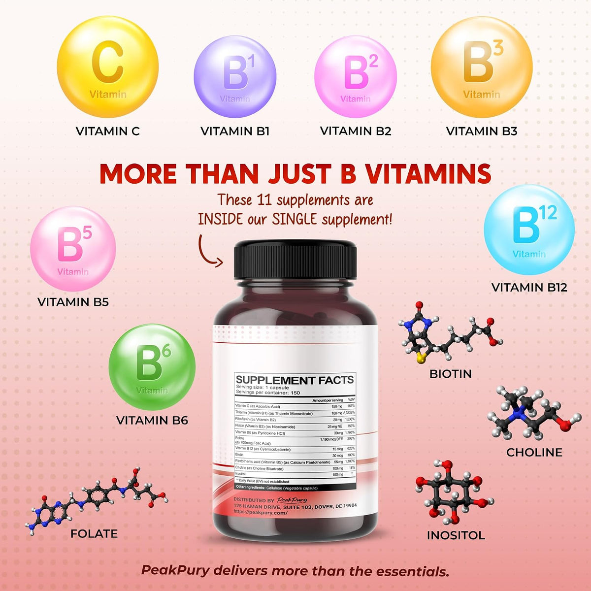 PEAKPURY Ultra Vitamin B Complex with Vitamin C – High Potency B1, B2, B3, Folate, B12, Biotin, B5 & Choline - görsel 3