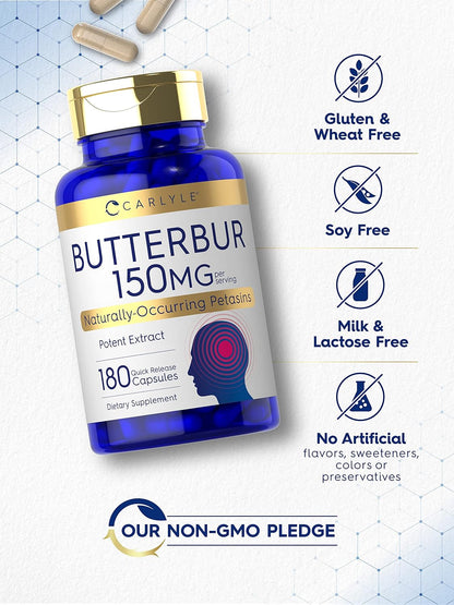 Carlyle Butterbur Supplement 150 mg – PA-Free Leaf Extract – 180 Capsules