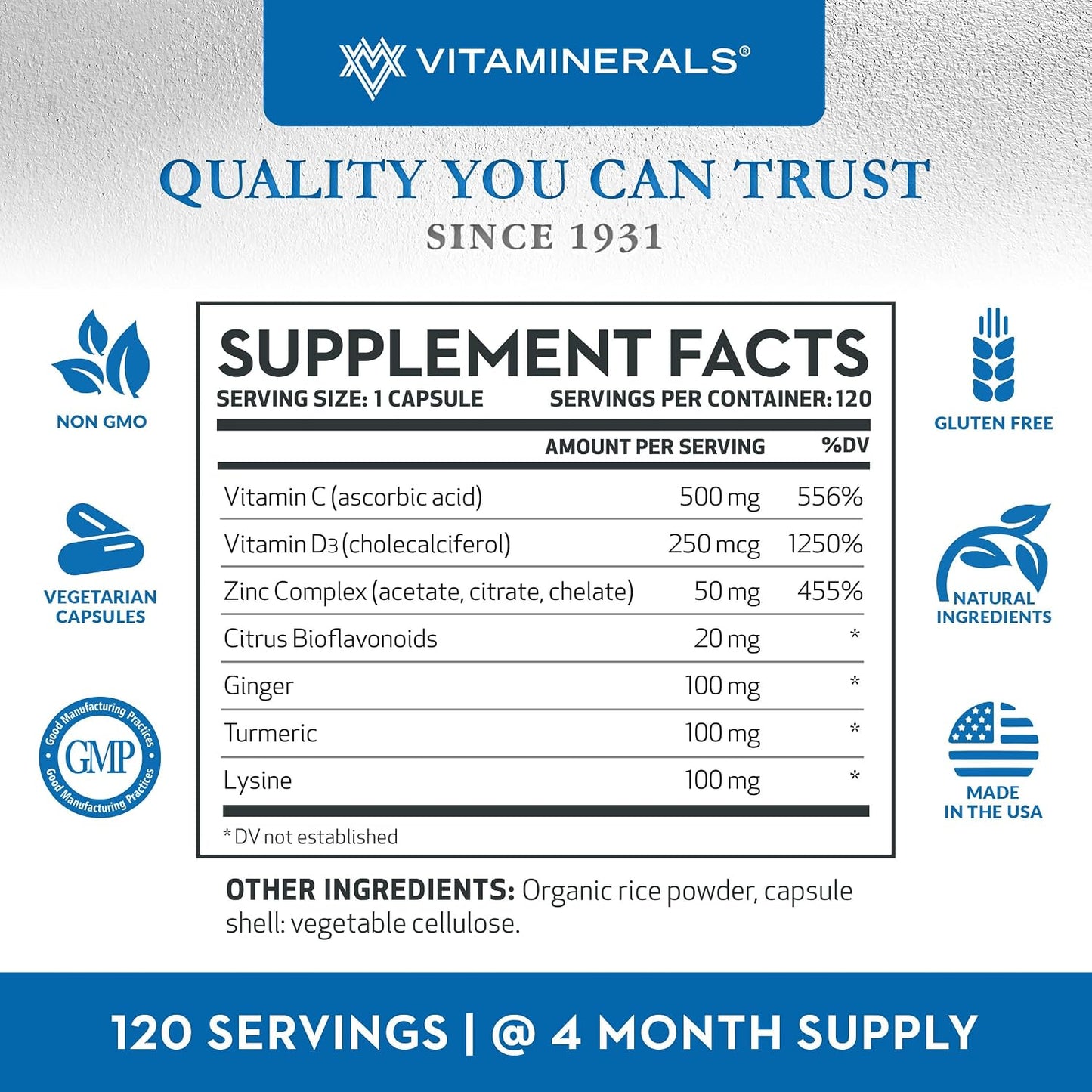 Vitaminerals Z D C - Zinc, Vitamin D3 & C Complex - 120 Vegetarian Capsules - görsel 4