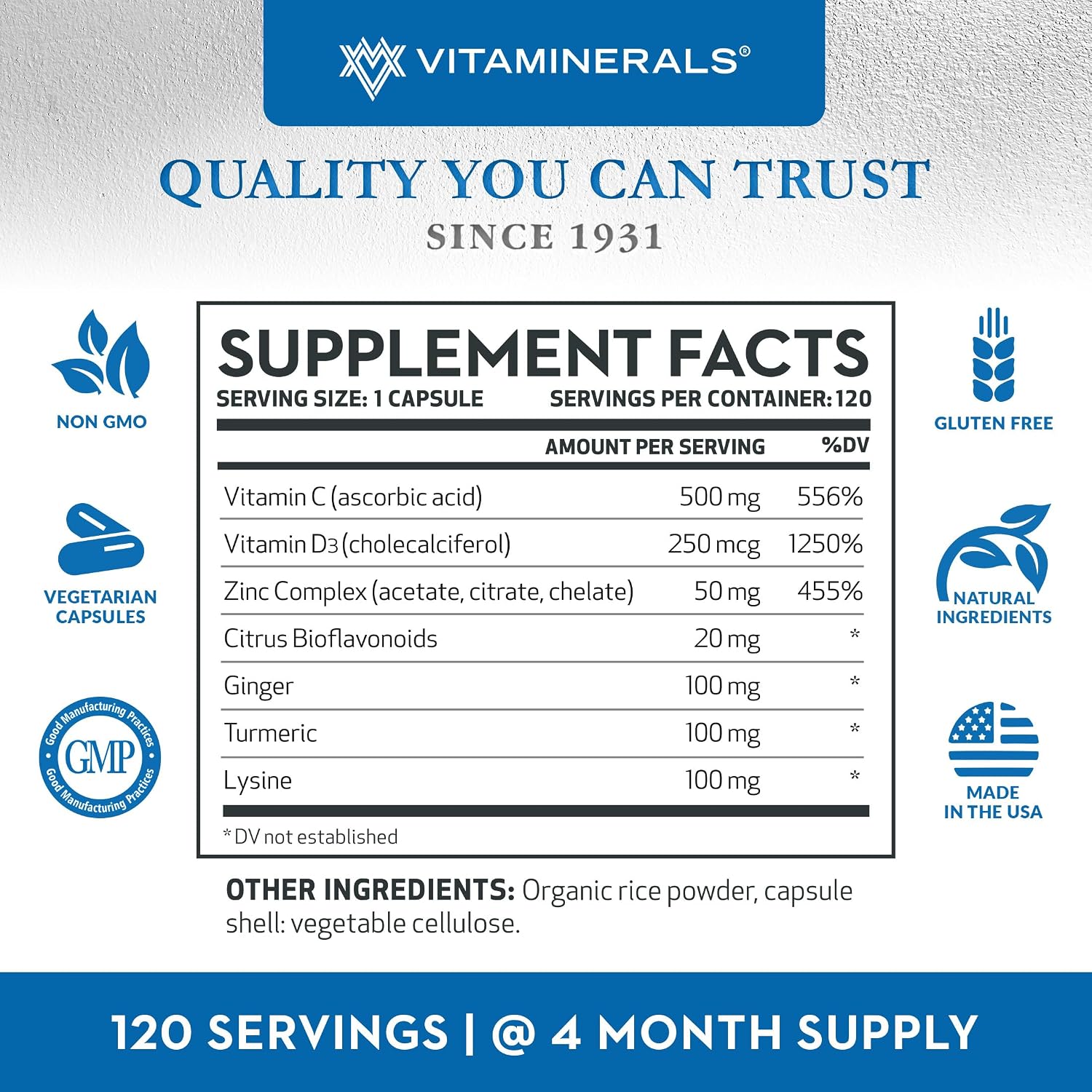 Vitaminerals Z D C - Zinc, Vitamin D3 & C Complex - 120 Vegetarian Capsules - görsel 4