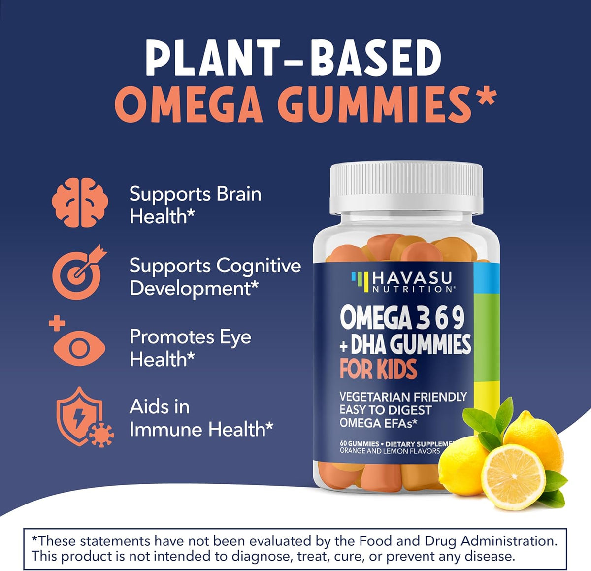 Havasu Nutrition Omega Gummies for Kids - Plant-Based Omega-3-6-9 + DHA, Lemon & Orange, 60 gummies - görsel 3