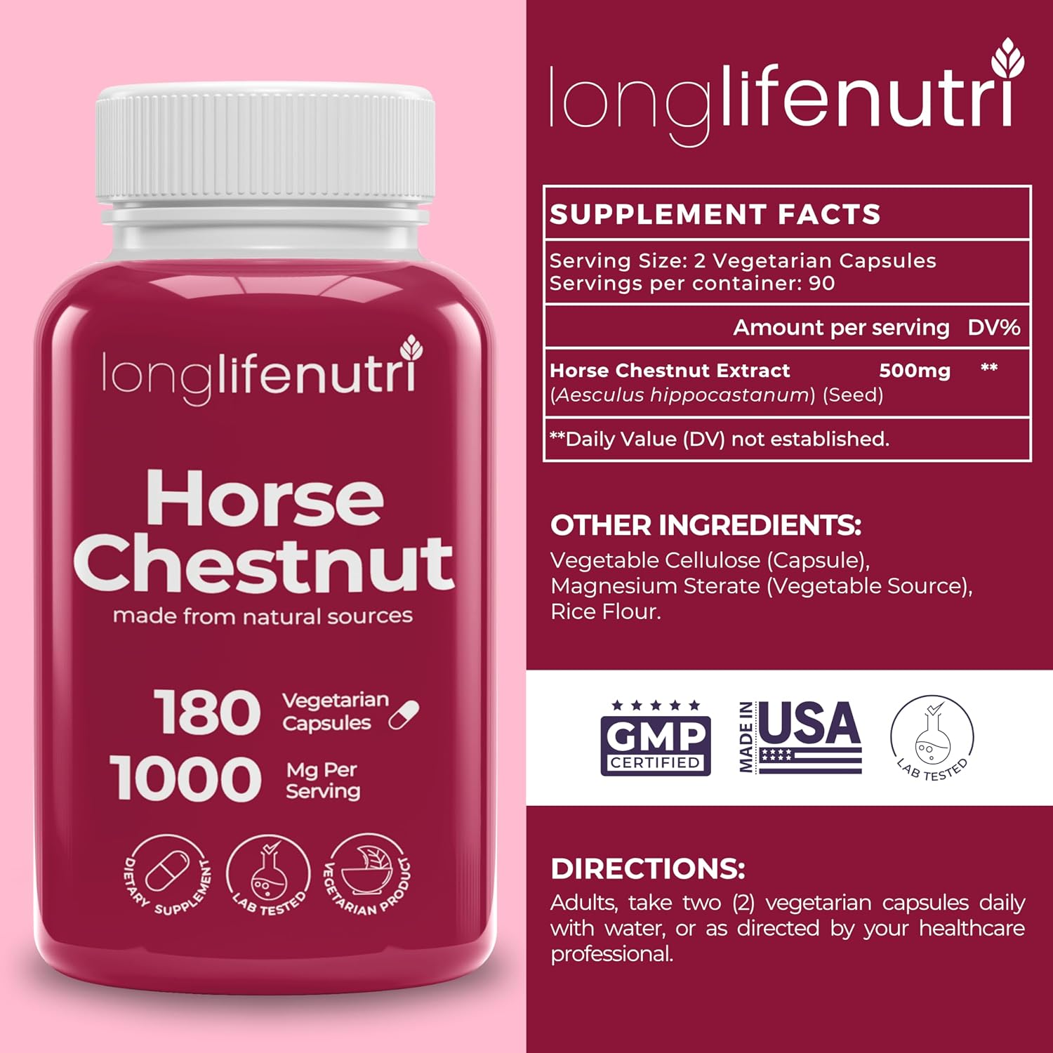 LongLifeNutri Horse Chestnut Extract 500mg – Organic Supplement for Circulation & Wellbeing, 180 Vegetarian Capsules - görsel 2