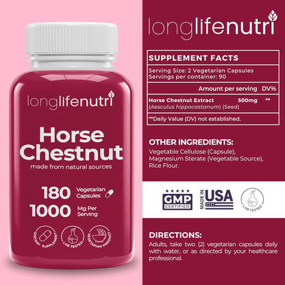LongLifeNutri Horse Chestnut Extract 500mg – Organic Supplement for Circulation & Wellbeing, 180 Vegetarian Capsules