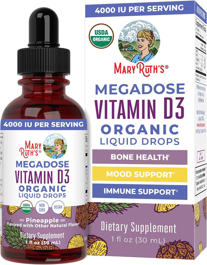 MARYRUTH'S Vitamin D3 Liquid Drops | Megadose 4000 IU | USDA Organic Liquid Vitamin D Spray for Adults & Kids | Immune Support & Bone Health | Vegan | Gluten-free | Non-GMO | 30 Servings
