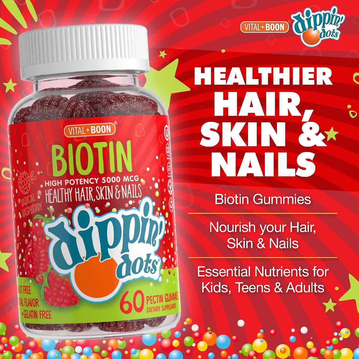 Dippin' Dots High Potency Biotin Gummies 5000mcg – Hair, Skin & Nails – Raspberry – 60-Day Supply (Pack of 2) - görsel 3