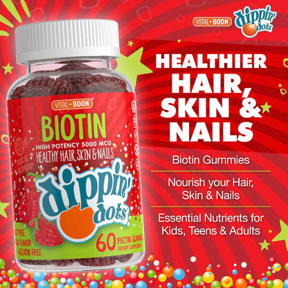 Dippin' Dots High Potency Biotin Gummies 5000mcg – Hair, Skin & Nails – Raspberry – 60-Day Supply (Pack of 2)