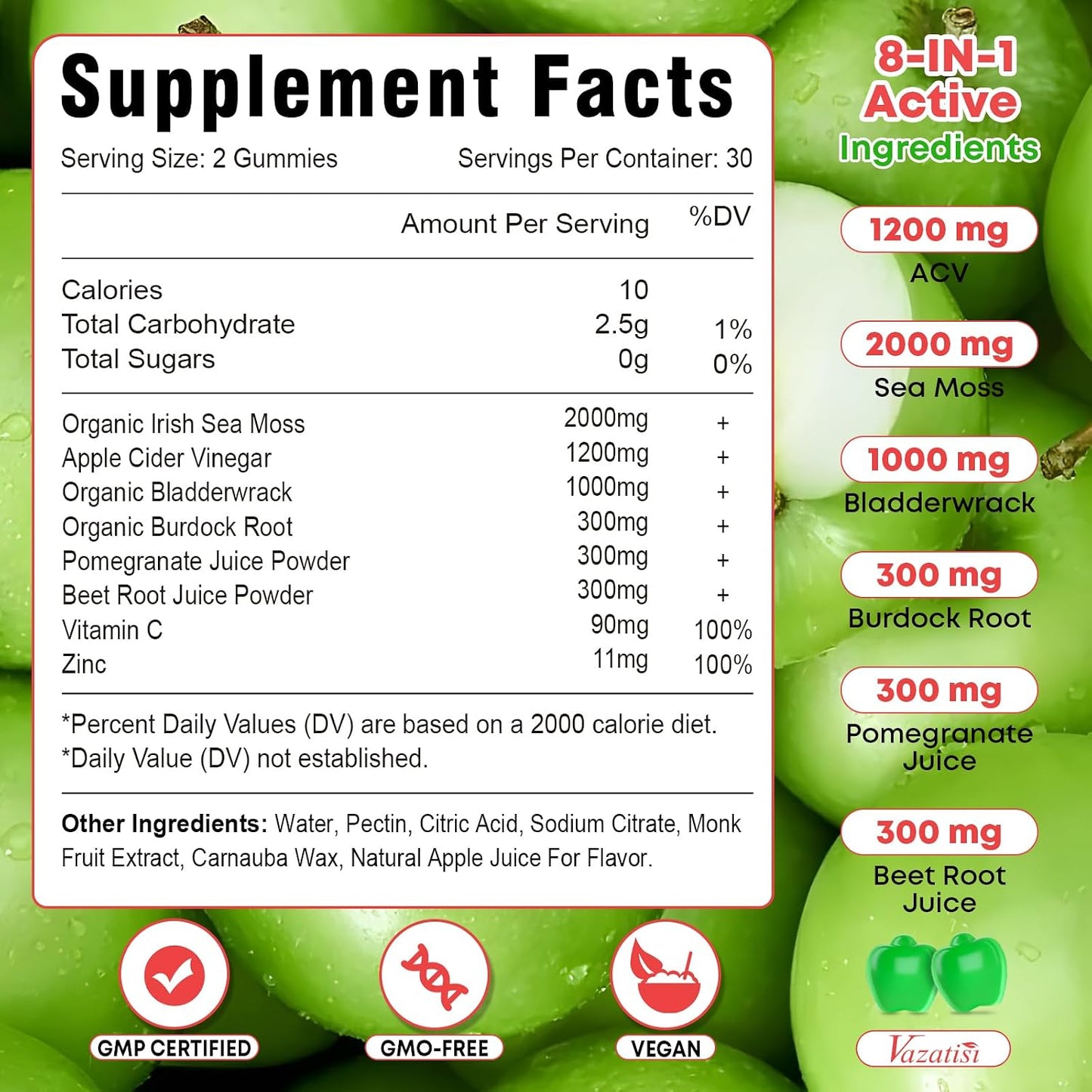 Vazatisi Apple Cider Vinegar Gummies with Sea Moss for Metabolism, Digestion & Immune Health - Apple Flavoured, 60 Count - görsel 7